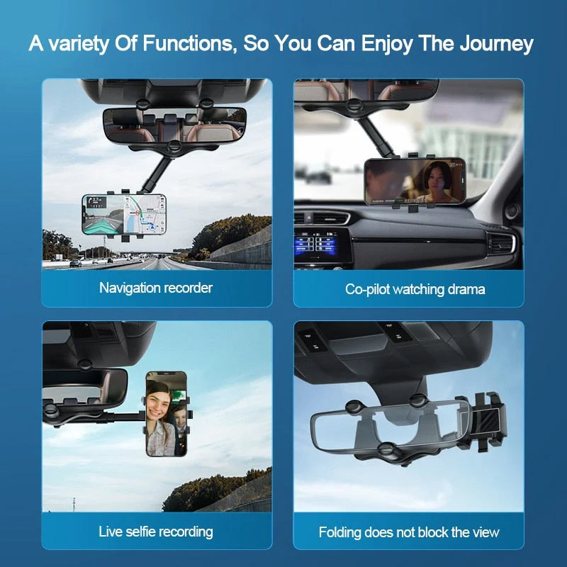 360° Rearview Mirror Car Phone Holder – Multifunctional Rotating Mirror Mount for Smartphones, Universal Car GPS Holder for All Vehicles