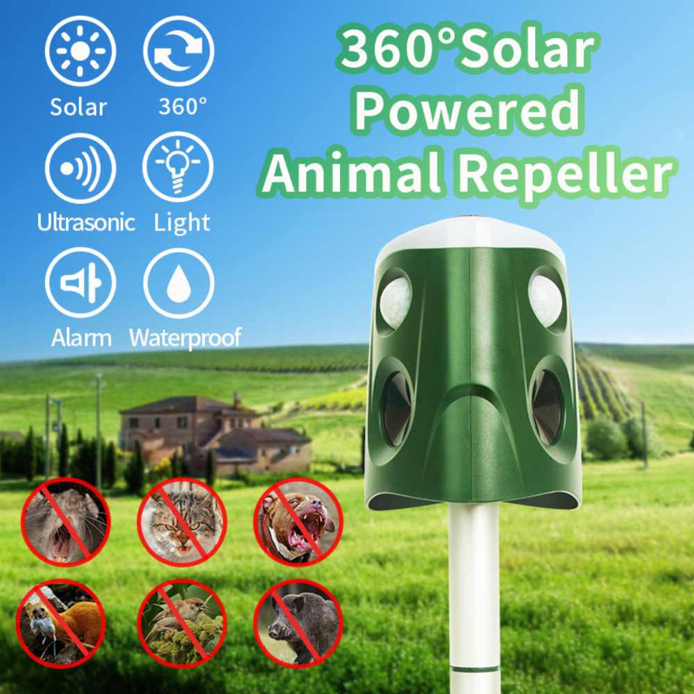 360° 3-in-1 Ultrasonic Animal & Cat Repellent – Solar Powered Outdoor Pest Deterrent with Sonic, Ultrasonic & Flashing Light Modes