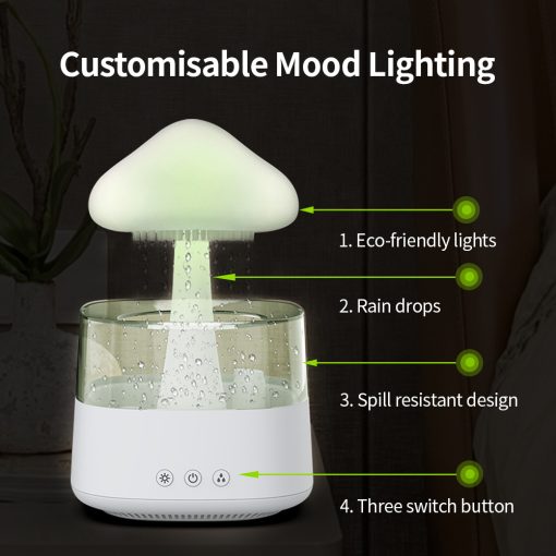 2-in-1 Rain Cloud Humidifier & Night Light – Raining Cloud Aromatherapy Essential Oil Diffuser, Zen Desk Lamp, Mushroom Atmosphere Light for Bedroom