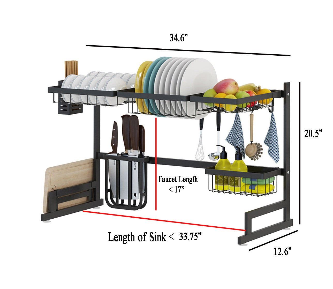 34.6" Over-Sink Stainless Steel Dish Drying Rack – 2-Tier Kitchen Sink Organizer with Drain Board, Utensil Holder & Cutting Board Slot, Space-Saving Design