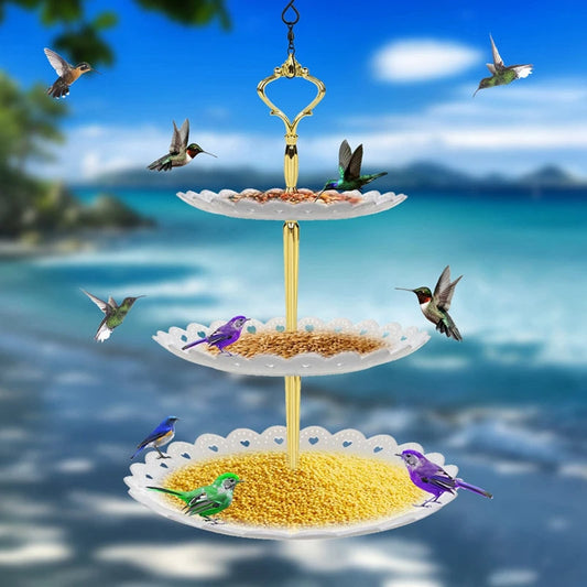3-Tier Hanging Bird Feeder & Bird Bath Combo – Outdoor Garden Feeding Station for Wild Birds, Available in Blue, Black & White