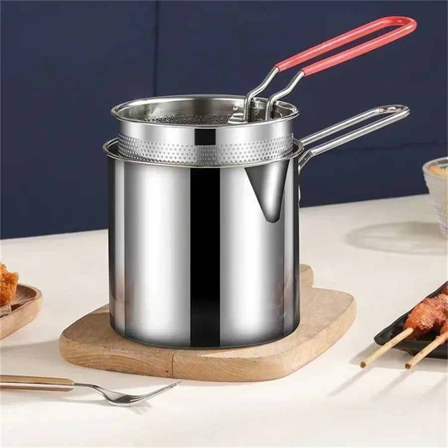 1200ml Stainless Steel Deep Fryer Pot with Strainer Basket – Compact Tempura Frying Pot for French Fries, Chicken Wings, Donuts & Japanese Cooking