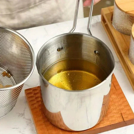 1200ml Stainless Steel Deep Fryer Pot with Strainer Basket – Compact Tempura Frying Pot for French Fries, Chicken Wings, Donuts & Japanese Cooking