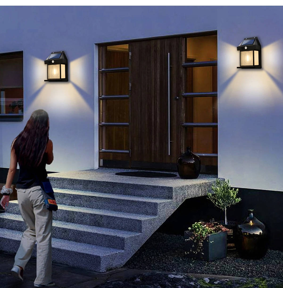 2-Set Outdoor Solar Wall Lamp – Waterproof LED Solar Security Light for Garden, Driveway, Fence, Patio, Backyard Pathway Lighting
