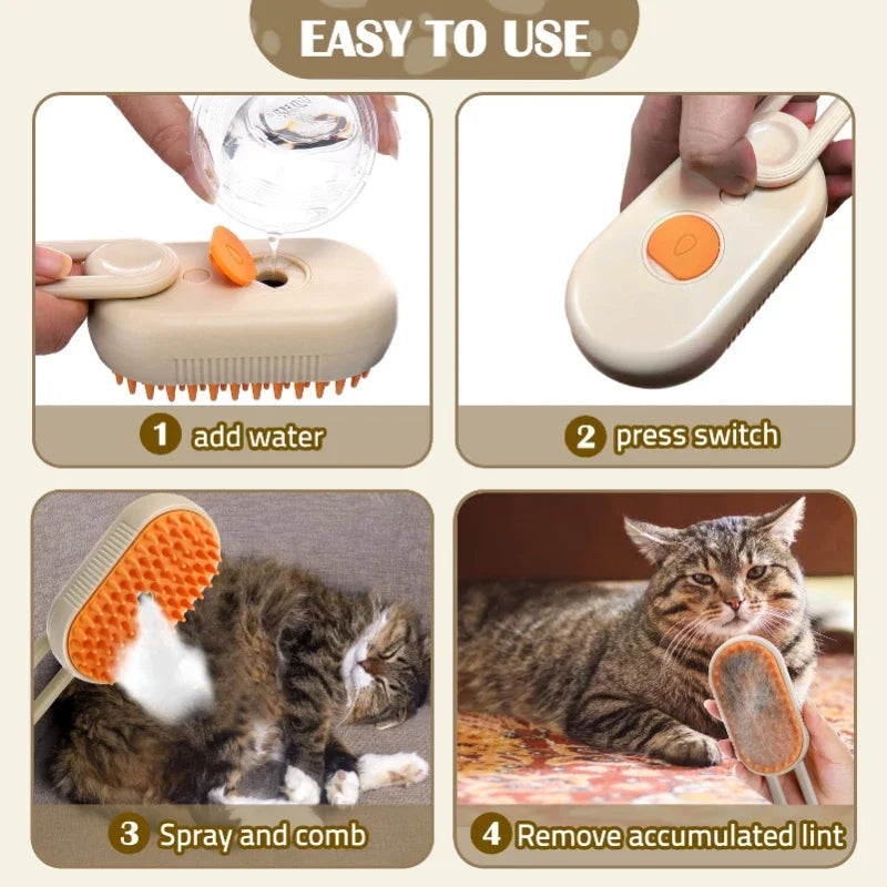 3-in-1 Pet Steam Grooming Brush – Steaming Cat & Dog Brush with Massage Pins, Deshedding & Coat Conditioning for All Pet Coat Types