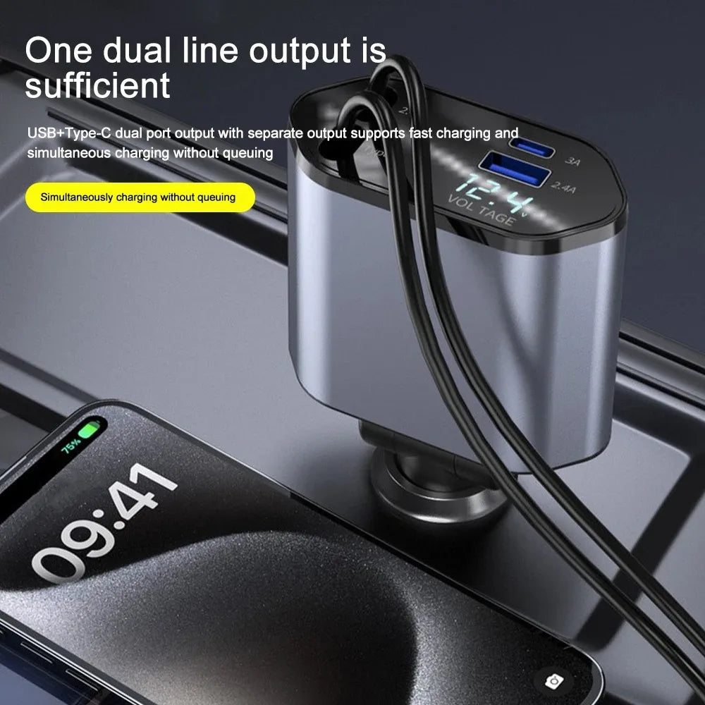 120W Retractable Car Charger – Fast Charging USB C & USB A Dual Port Car Adapter, Auto-Retract Cable for iPhone, Samsung, Android