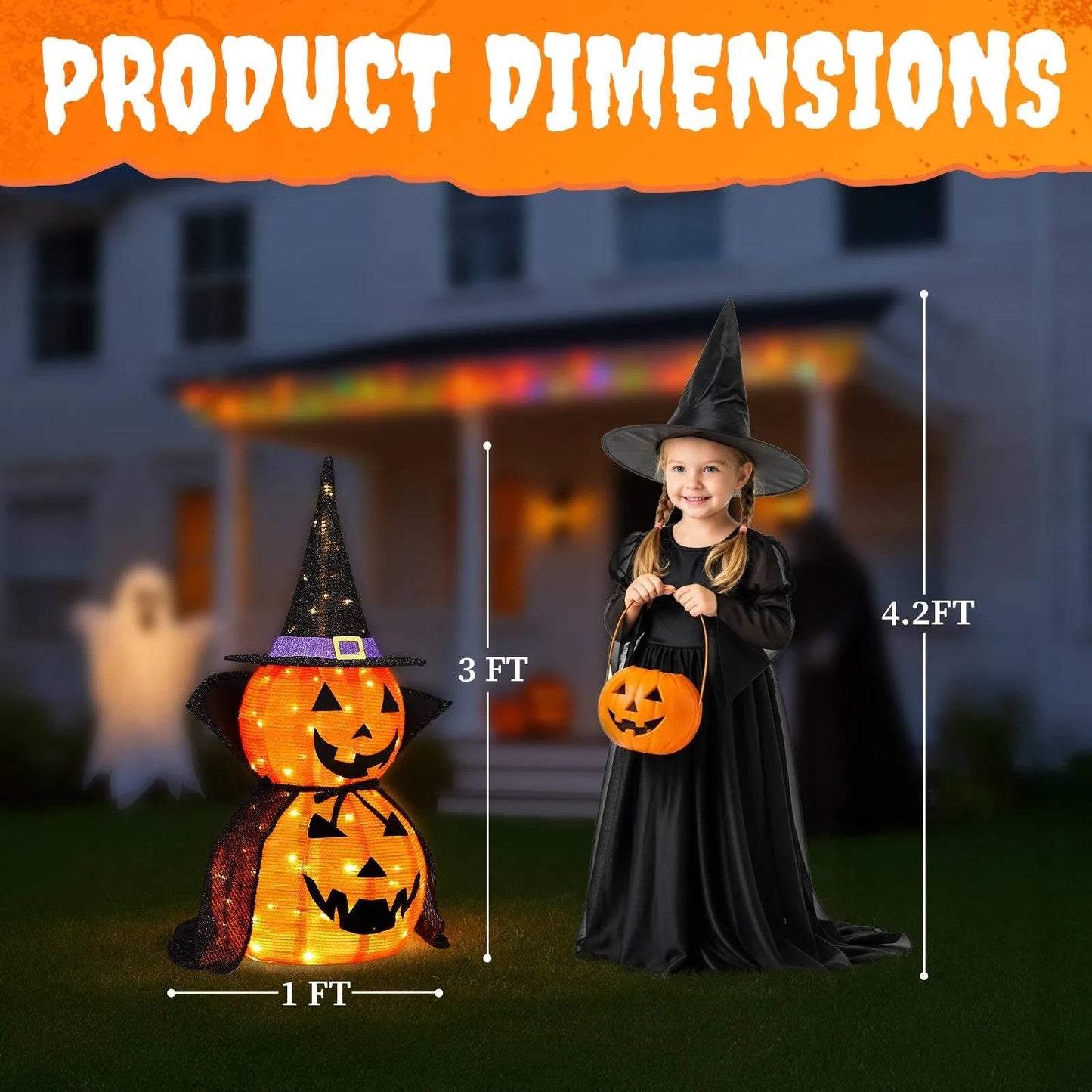 2-Pack 3ft Collapsible Lighted Halloween Pumpkin Decorations – Indoor/Outdoor LED Jack-o-Lantern Yard Decor, Waterproof Halloween Garden Ornament