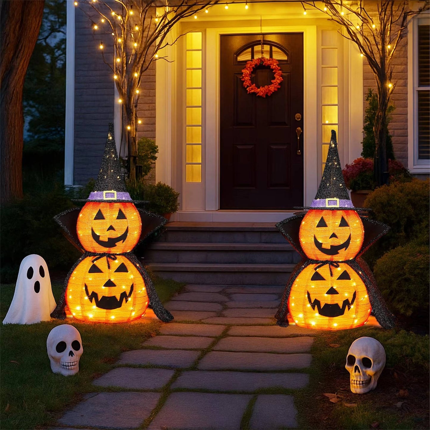 2-Pack 3ft Collapsible Lighted Halloween Pumpkin Decorations – Indoor/Outdoor LED Jack-o-Lantern Yard Decor, Waterproof Halloween Garden Ornament