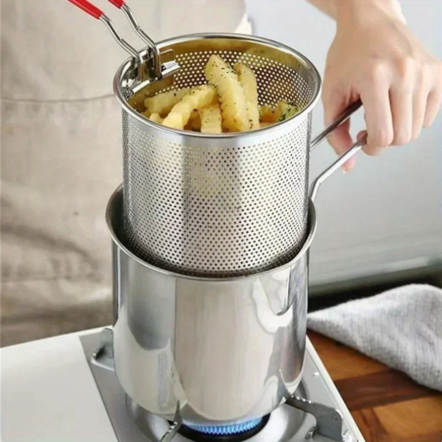 1200ml Stainless Steel Deep Fryer Pot with Strainer Basket – Compact Tempura Frying Pot for French Fries, Chicken Wings, Donuts & Japanese Cooking