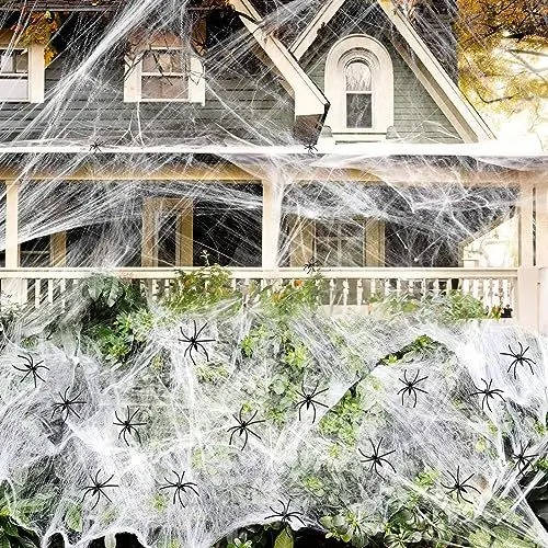 200 Sq Ft Halloween Spider Web Decorations with Fake Spiders – Giant Stretchable Cobweb Set for Outdoor Yard, Porch, Fence & Halloween Party Decor