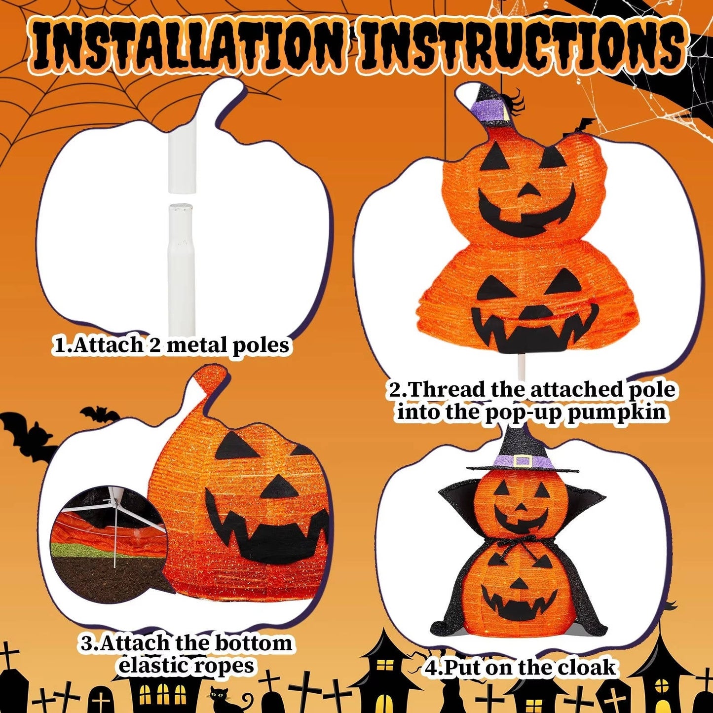 2-Pack 3ft Collapsible Lighted Halloween Pumpkin Decorations – Indoor/Outdoor LED Jack-o-Lantern Yard Decor, Waterproof Halloween Garden Ornament
