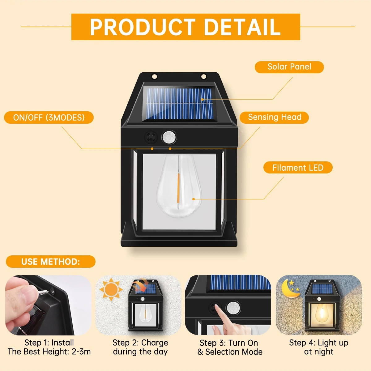 2-Set Outdoor Solar Wall Lamp – Waterproof LED Solar Security Light for Garden, Driveway, Fence, Patio, Backyard Pathway Lighting