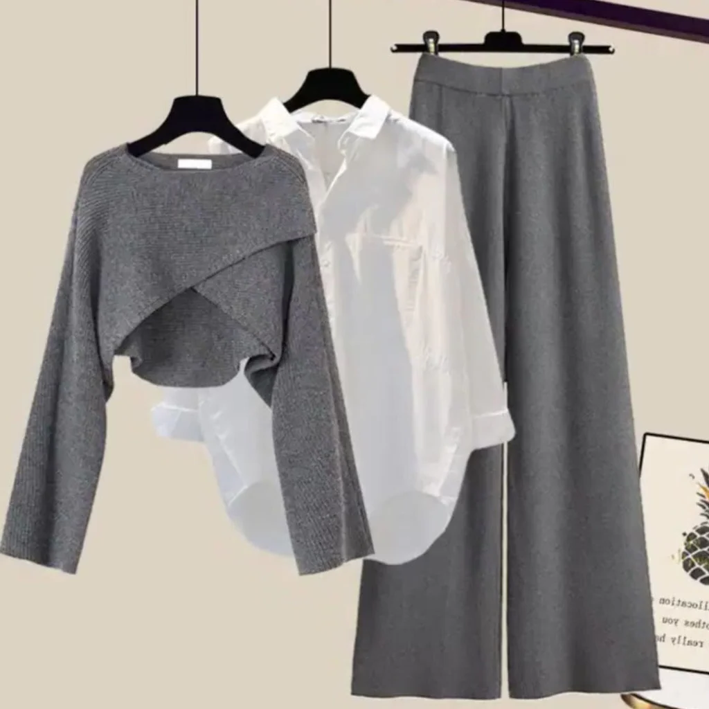 3-Piece Comfortable Chic Dress Set – Women's Casual Elegant Outfit, Loose Fit Versatile Dress Ensemble for Everyday Wear, Available in Brown & Gray