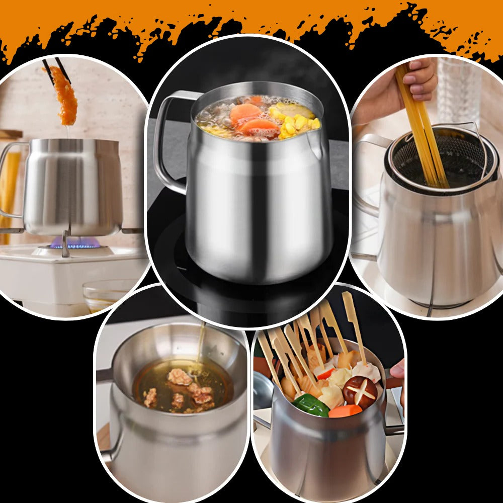 2-in-1 Deep Frying Pot with Built-In Oil Strainer – Stainless Steel Tempura Fryer Pot, Oil Draining Basket for Healthy Frying & Oil Reuse