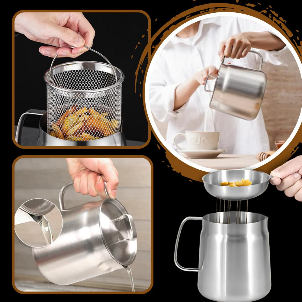 2-in-1 Deep Frying Pot with Built-In Oil Strainer – Stainless Steel Tempura Fryer Pot, Oil Draining Basket for Healthy Frying & Oil Reuse