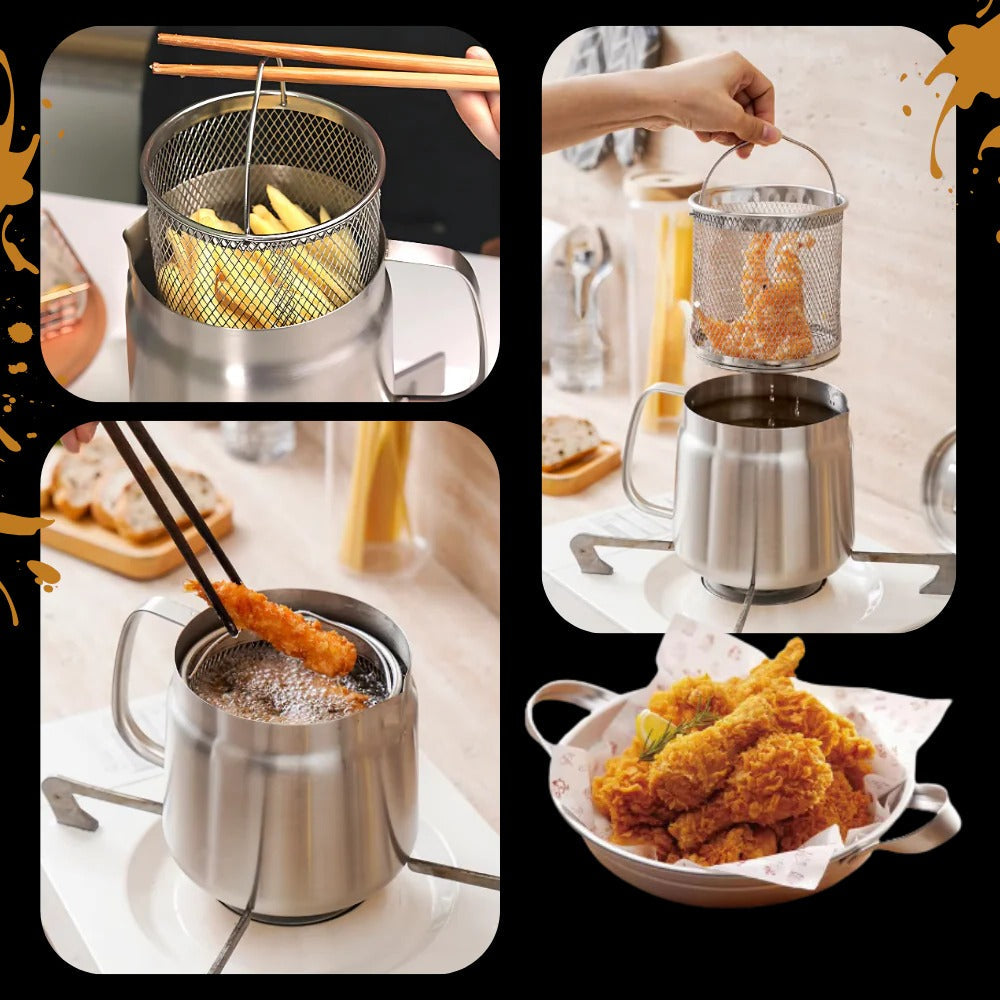 2-in-1 Deep Frying Pot with Built-In Oil Strainer – Stainless Steel Tempura Fryer Pot, Oil Draining Basket for Healthy Frying & Oil Reuse