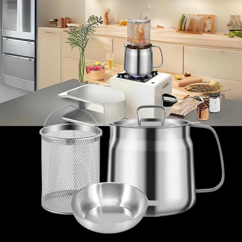 2-in-1 Deep Frying Pot with Built-In Oil Strainer – Stainless Steel Tempura Fryer Pot, Oil Draining Basket for Healthy Frying & Oil Reuse