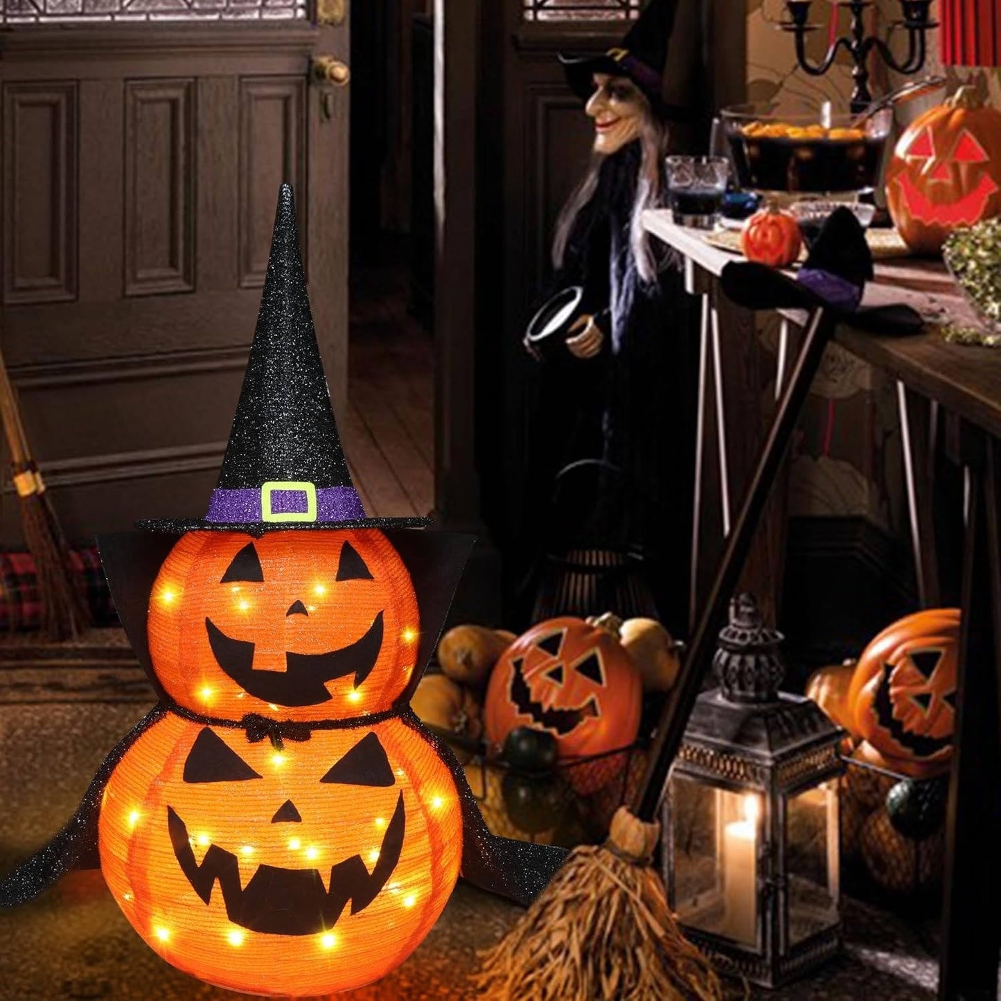 2-Pack 3ft Collapsible Lighted Halloween Pumpkin Decorations – Indoor/Outdoor LED Jack-o-Lantern Yard Decor, Waterproof Halloween Garden Ornament