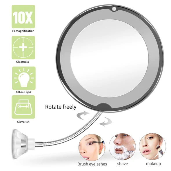 10X Magnifying LED Lighted Gooseneck Makeup Mirror – 360° Flexible Arm Vanity Mirror for Precision Makeup, Travel, Wall Mount, USB Powered