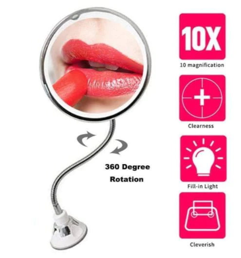 10X Magnifying LED Lighted Gooseneck Makeup Mirror – 360° Flexible Arm Vanity Mirror for Precision Makeup, Travel, Wall Mount, USB Powered