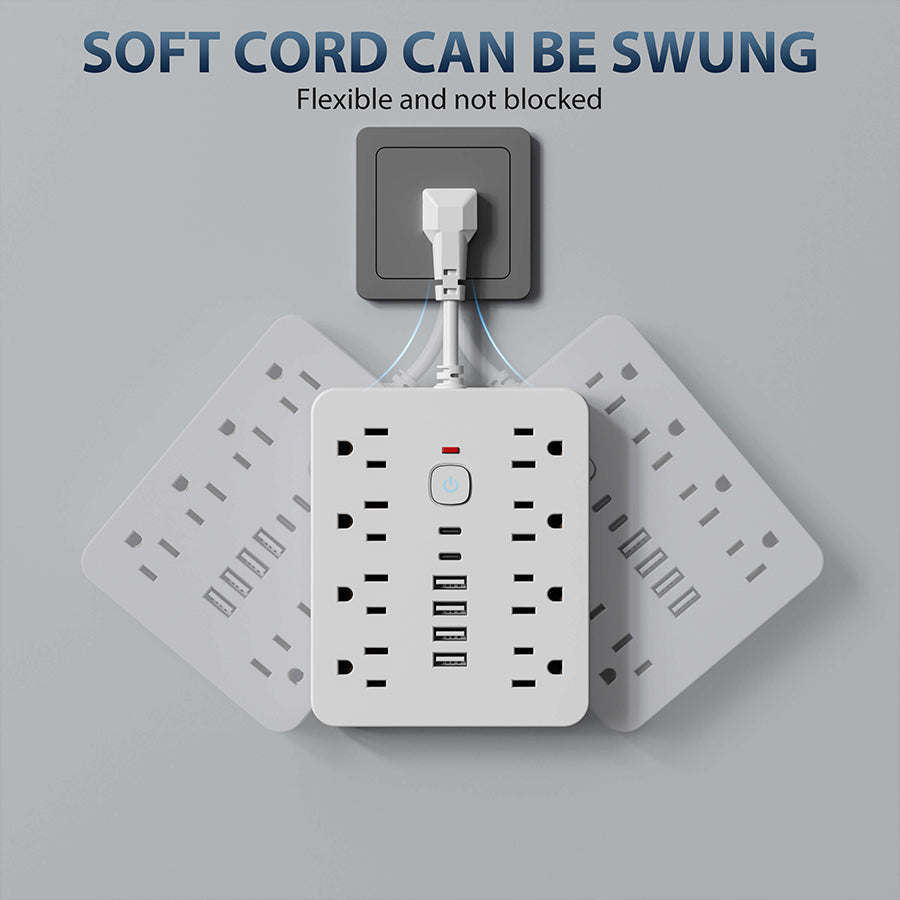 14-in-1 Power Strip with Surge Protection – 12 Outlets + 2 USB Ports, Flat Plug Extension Cord for Home Office, Desk, Laptop, TV, Electronics