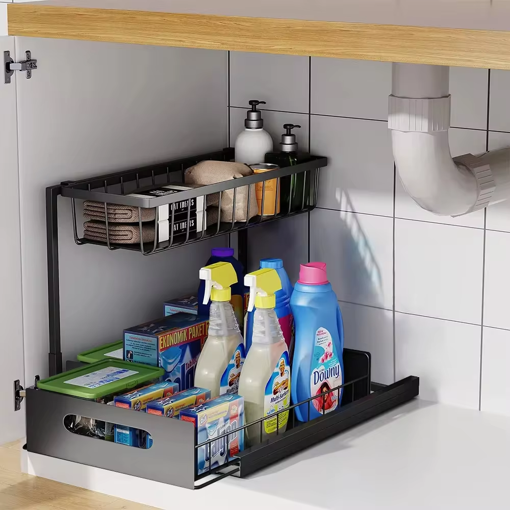 2-Tier Slide-Out Under Sink Organizer – L-Shaped Cabinet Storage Rack with Adjustable Shelves for Bathroom, Kitchen & Laundry Organization