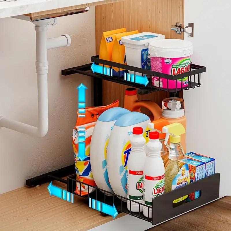 2-Tier Slide-Out Under Sink Organizer – L-Shaped Cabinet Storage Rack with Adjustable Shelves for Bathroom, Kitchen & Laundry Organization